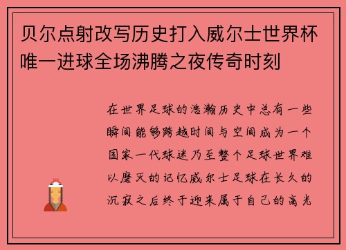 贝尔点射改写历史打入威尔士世界杯唯一进球全场沸腾之夜传奇时刻